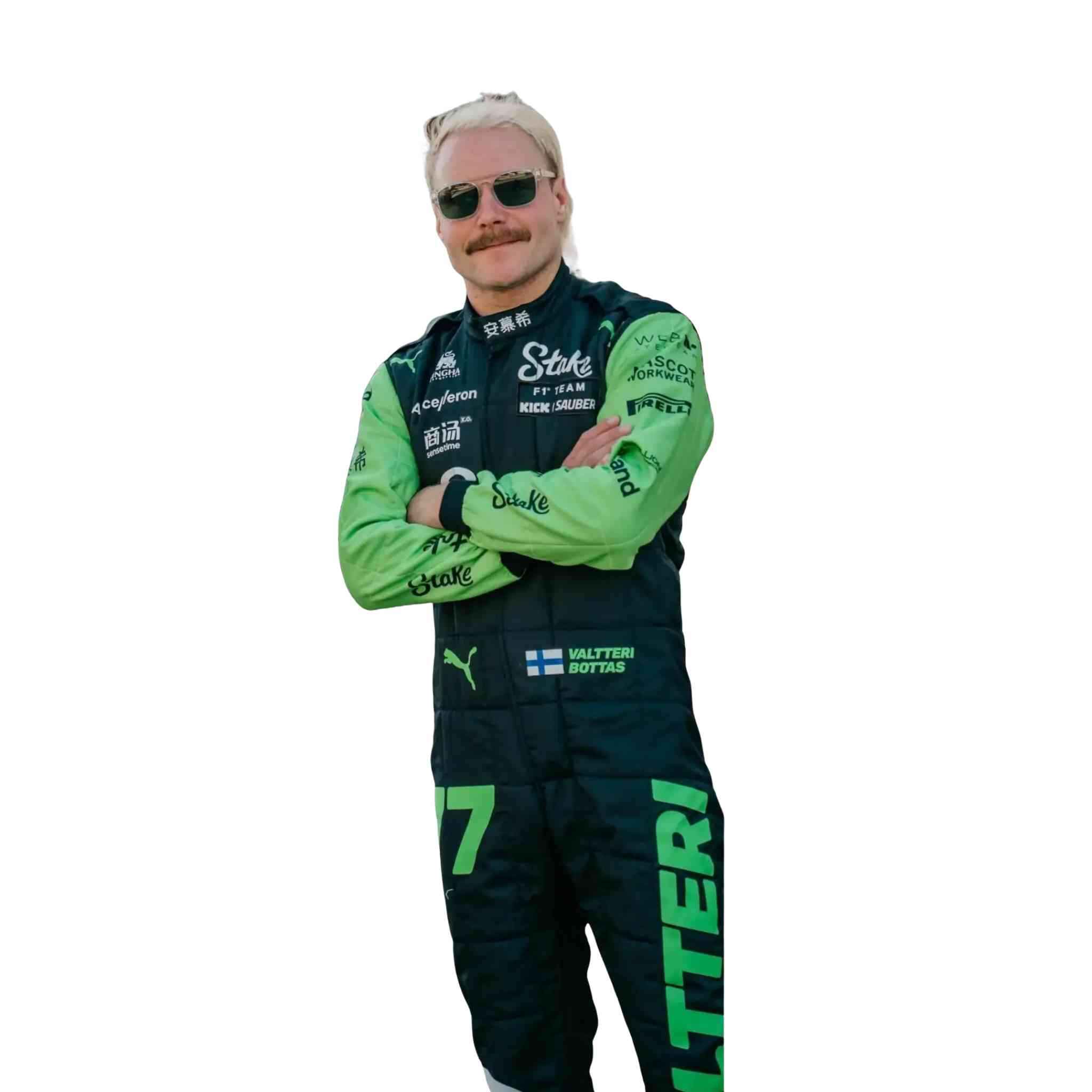 Valtteri Bottas Kick Sauber 2024 F1 racing suit replica stake design green black